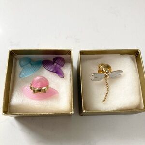 Set of Colorful Avon Hat Brooches and a Dragonfly Brooch